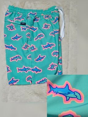 Chubbies Teal Shark Swim Trunks, hammerhead shark, Youth M 10-12